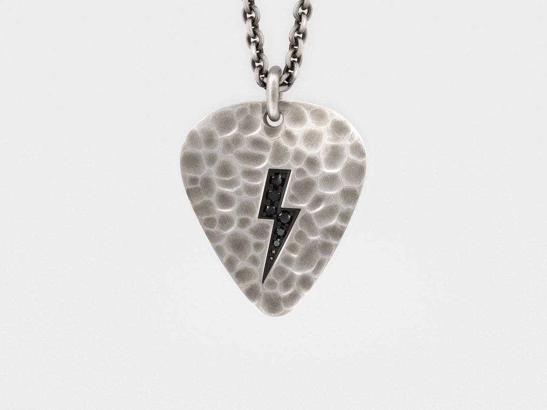 Lightning Bolt Plectrum (Guitar Pick) Pendant with Black Diamonds
