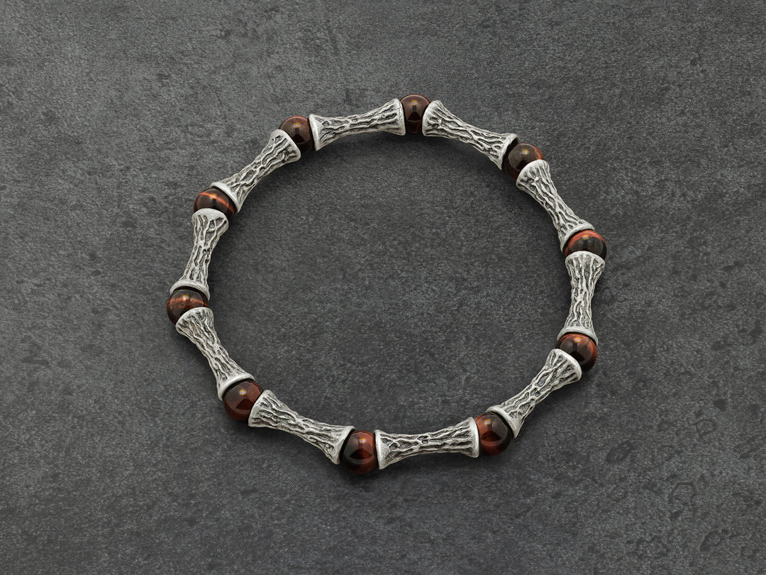 Red Tiger Eye Beads, Oxidized Sterling Silver Bracelet