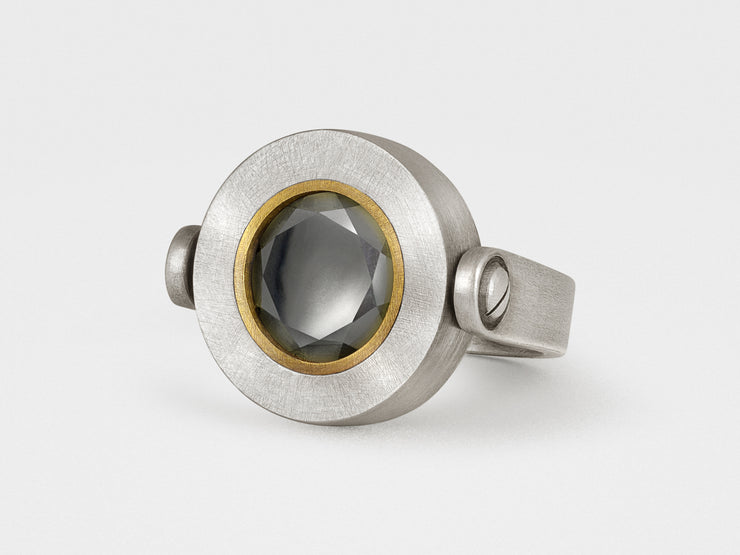 Button Ring with Hematite in Sterling Silver and Brass