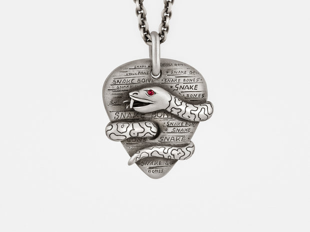 Plectrum (Guitar Pick) Pendant with Snake, Ruby Eye on Silver Chain