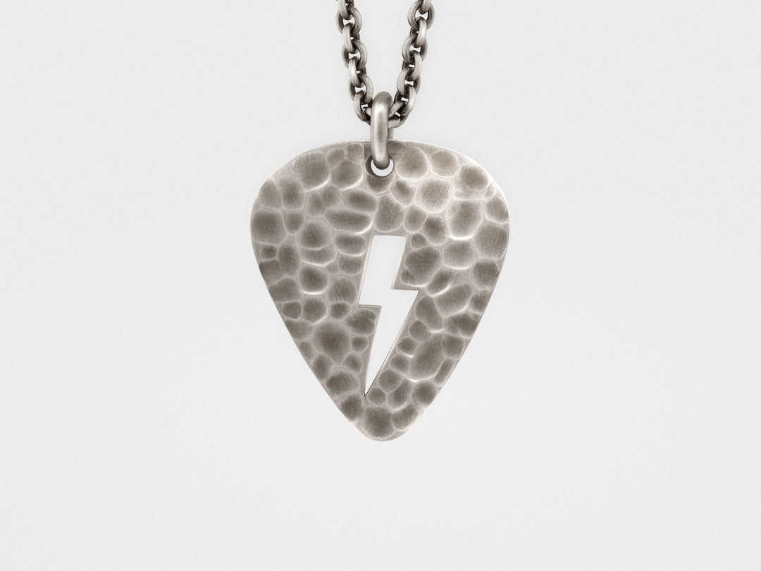 Lightning Bolt Plectrum (Guitar Pick) Pendant with Hammered Finish