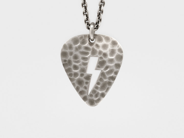 Lightning Bolt Plectrum (Guitar Pick) Pendant with Hammered Finish