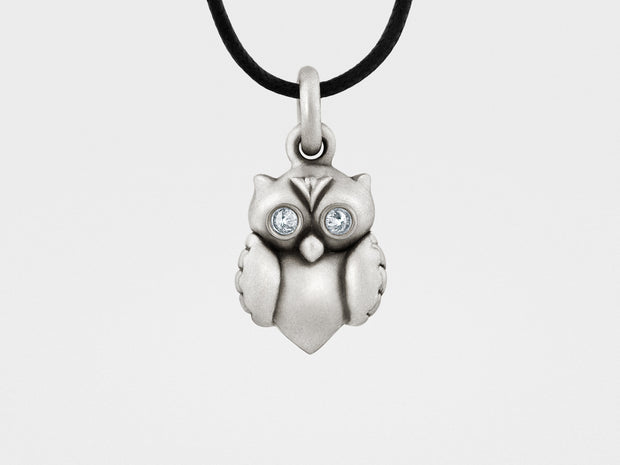 Owl Pendant in Sterling Silver, Diamonds