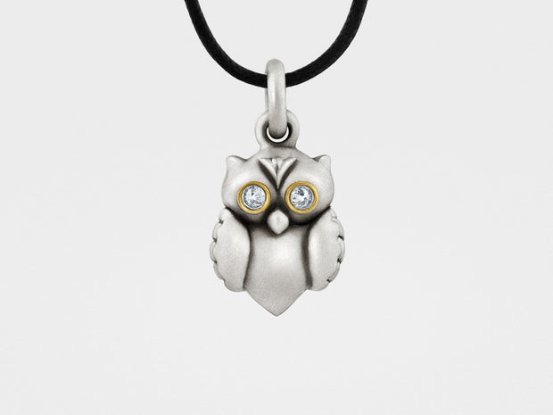 Owl Pendant in Sterling Silver, Gold, Diamonds