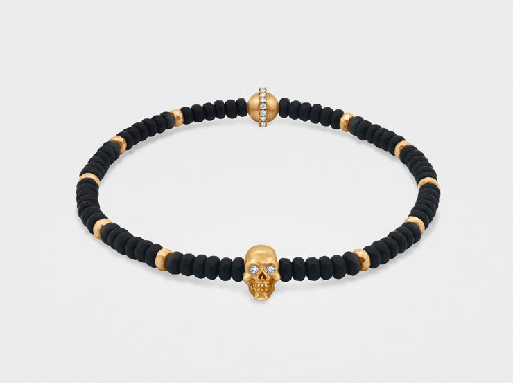 Skull Bracelet in 18K Gold with Black Faceted Agate and Gold Beads