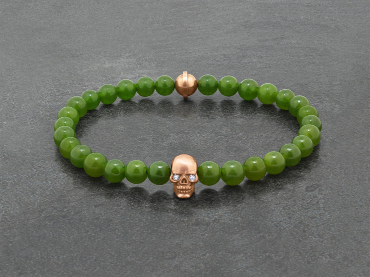 Skull Bracelet in 18K Gold with Diamond Eyes and Green Jade