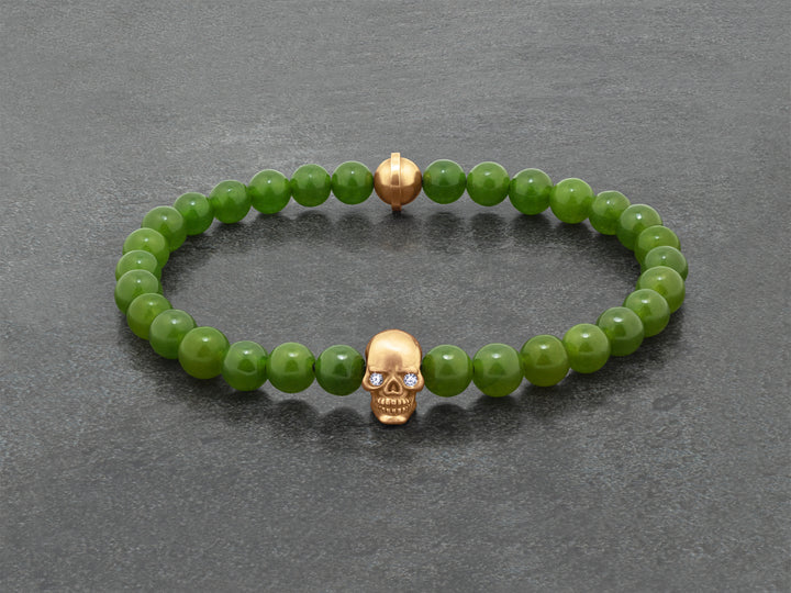 Skull Bracelet in 18K Gold with Diamond Eyes and Green Jade
