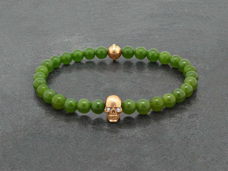 Skull Bracelet in 18K Gold with Diamond Eyes and Green Jade