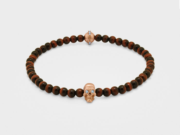 Skull Bracelet in 18K Gold with Red Tiger Eye and Diamond Bead