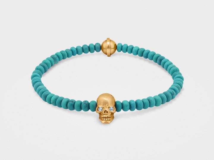 Skull Bracelet in 18K Gold with Diamond Eyes and Turquoise