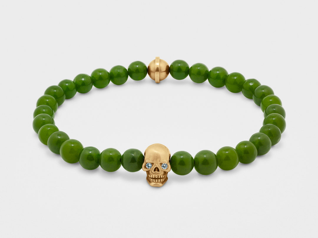 Skull Bracelet in 18K Gold with Diamond Eyes and Green Jade