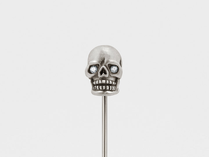 Skull Lapel Pin in Oxidized Silver with Diamond Eyes