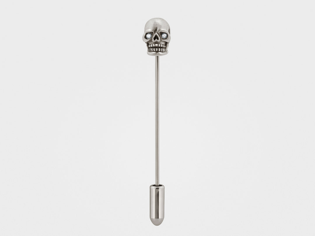Skull Lapel Pin in Oxidized Silver with Diamond Eyes