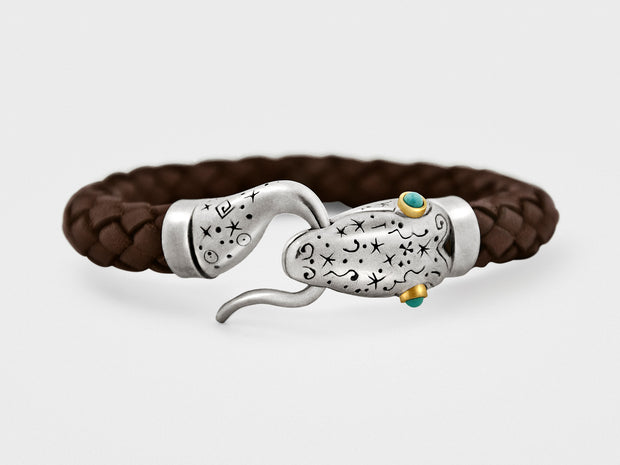 Snake Leather Bracelet in Silver, 18KT Gold and Turquoise