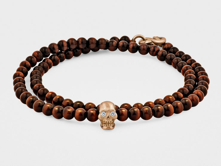 Double-Wrap Skull Bracelet in 18K Gold with Diamond Eyes, Red Tiger Eye and Snake Clasp