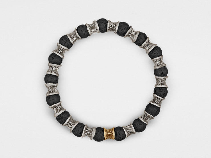 Lava Beads, One Gold Link, Oxidized Sterling Silver Bracelet