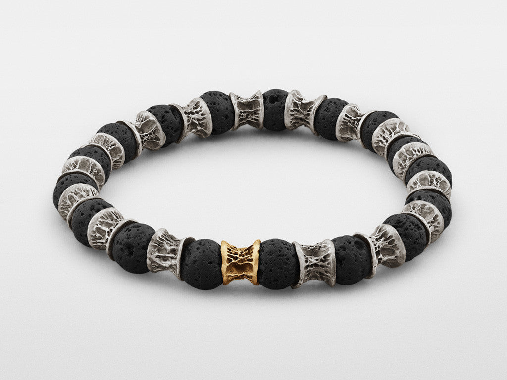 Lava Beads, One Gold Link, Oxidized Sterling Silver Bracelet