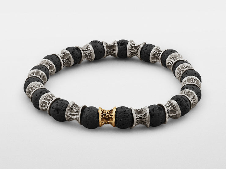 Lava Beads, One Gold Link, Oxidized Sterling Silver Bracelet