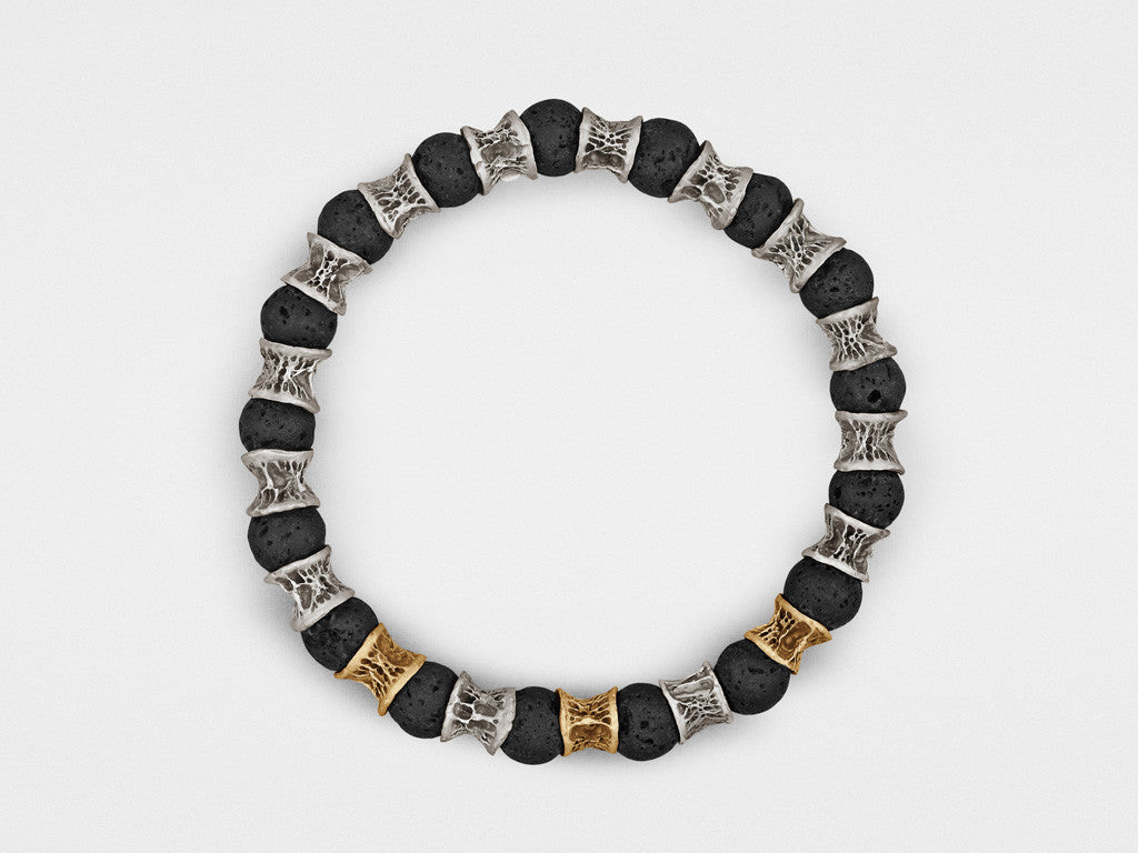 Lava Beads, Three Gold Links, Oxidized Sterling Silver Bracelet