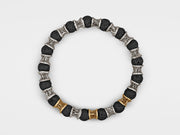 Lava Beads, Three Gold Links, Oxidized Sterling Silver Bracelet