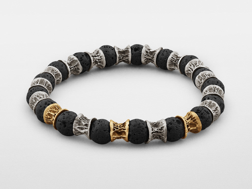 Lava Beads, Three Gold Links, Oxidized Sterling Silver Bracelet