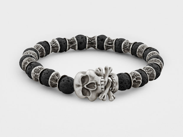 Sterling Silver Skull and Bones, Lava Beads Bracelet