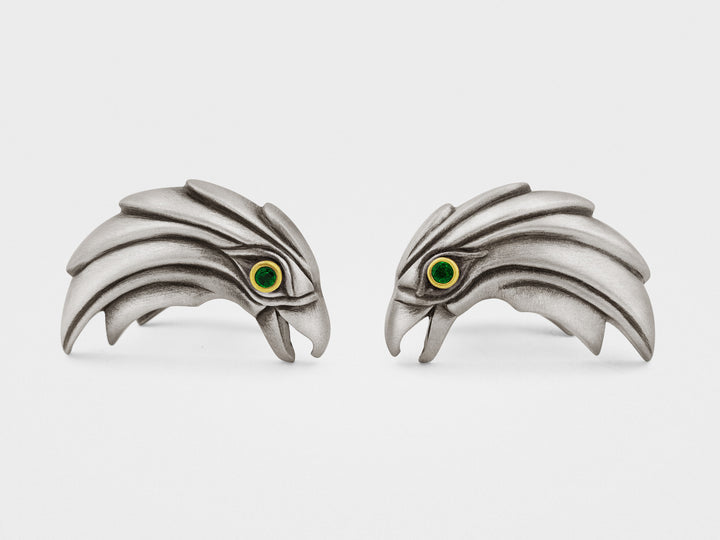 Eagle Cufflinks in Sterling Silver, 18K Gold, Emeralds
