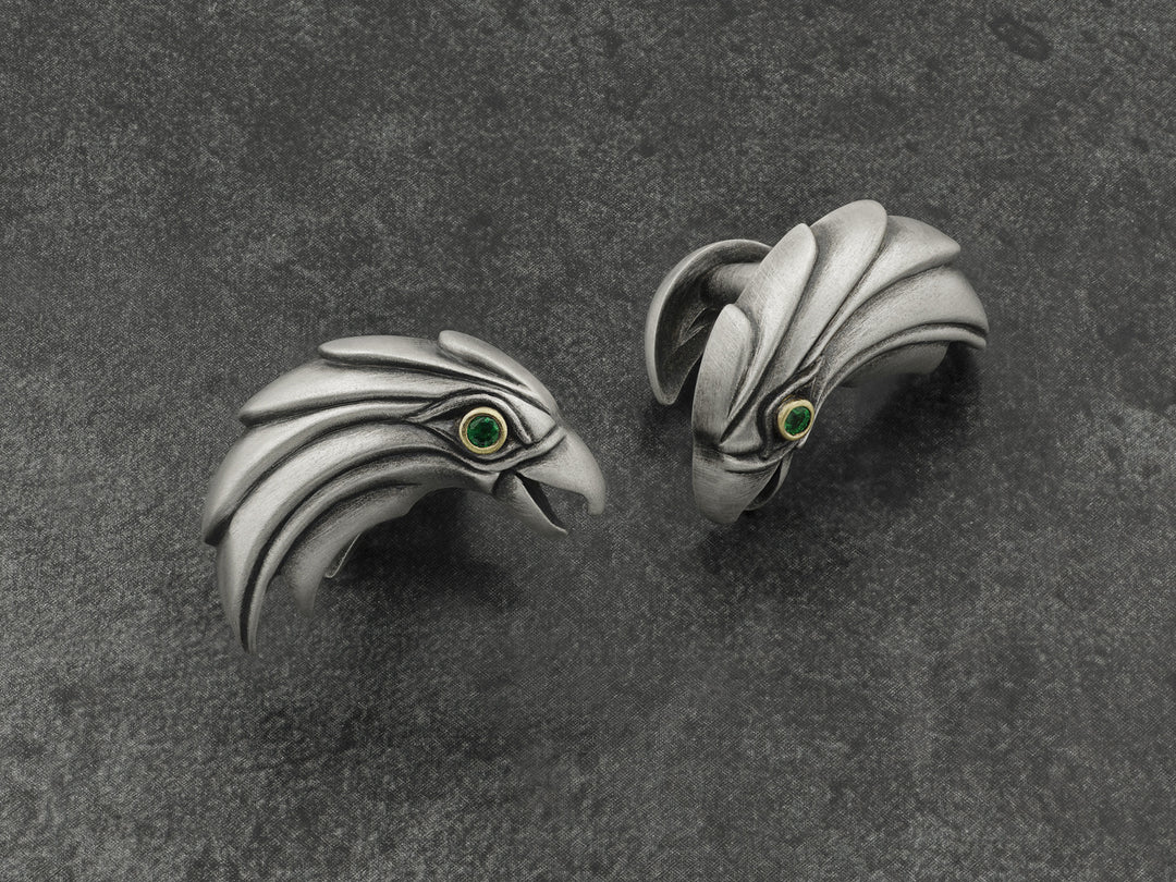 Eagle Cufflinks in Sterling Silver, 18K Gold, Emeralds