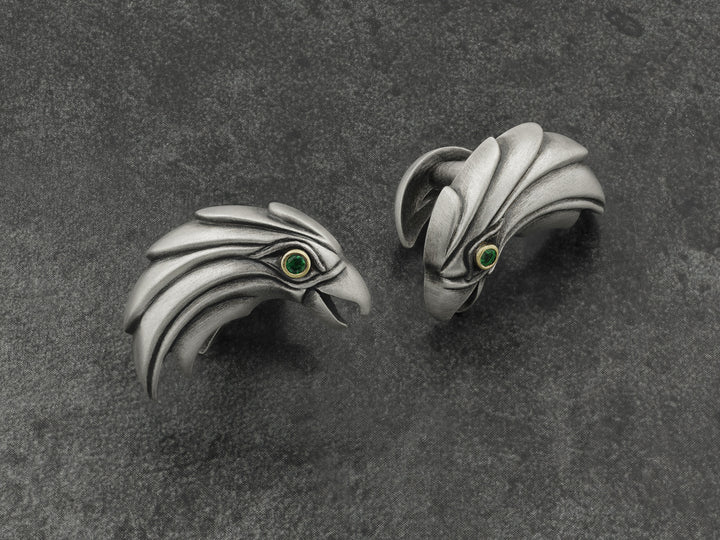 Eagle Cufflinks in Sterling Silver, 18K Gold, Emeralds