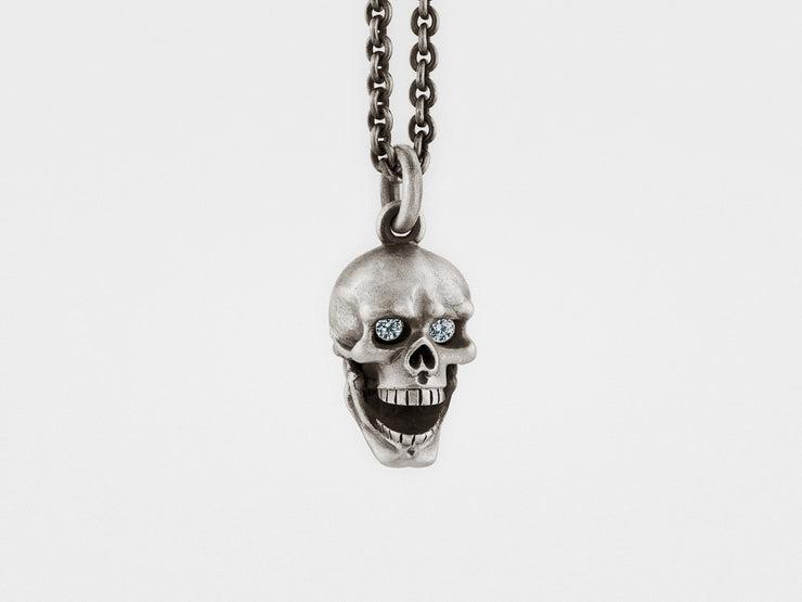Skull Pendant with Hinged Jaw and Diamond Eyes in Sterling Silver