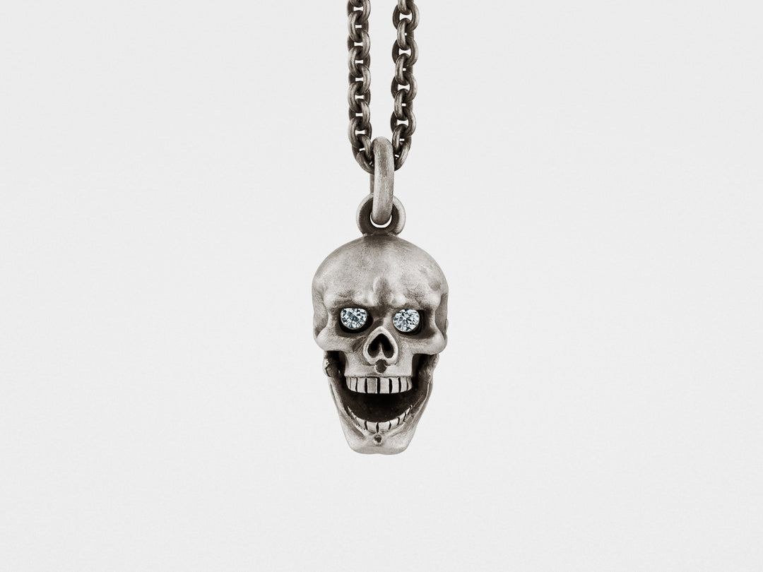 Skull Pendant with Hinged Jaw, Diamond Eyes in Silver – Snake Bones