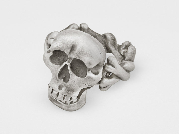 Skull and Crossbones Ring with Hinged Jaw