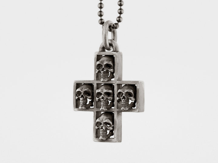 Multi Skull Cross Pendant Necklace in Sterling Silver