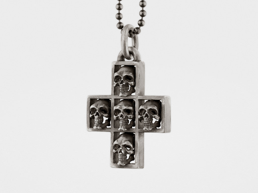 Multi Skull Cross Pendant Necklace in Sterling Silver