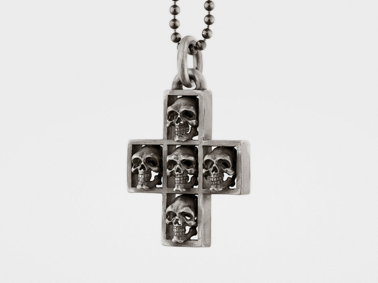 Multi Skull Cross Pendant Necklace in Sterling Silver
