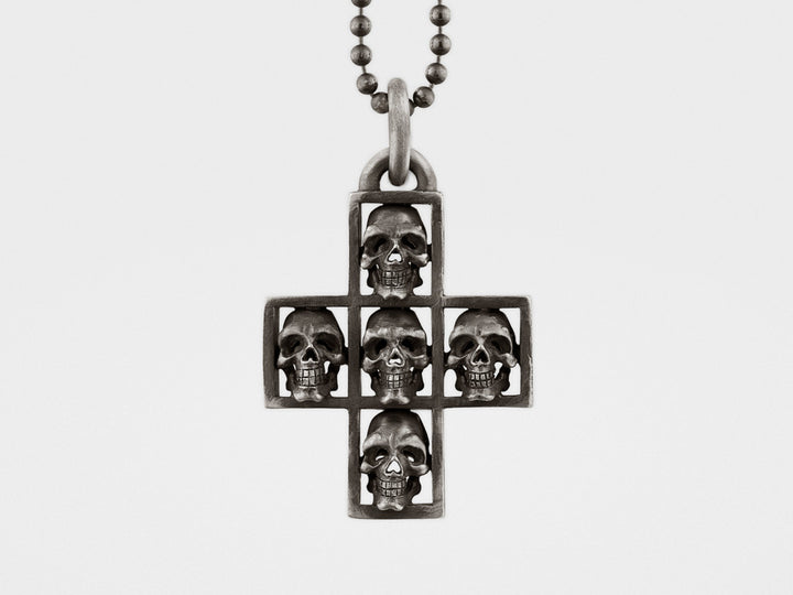 Multi Skull Cross Pendant Necklace in Sterling Silver