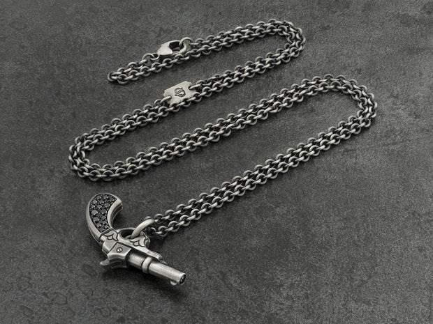 Gun Pendant in Sterling Silver with Black Diamonds