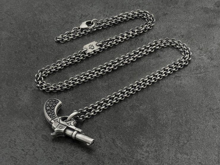 Gun Pendant in Sterling Silver with Black Diamonds
