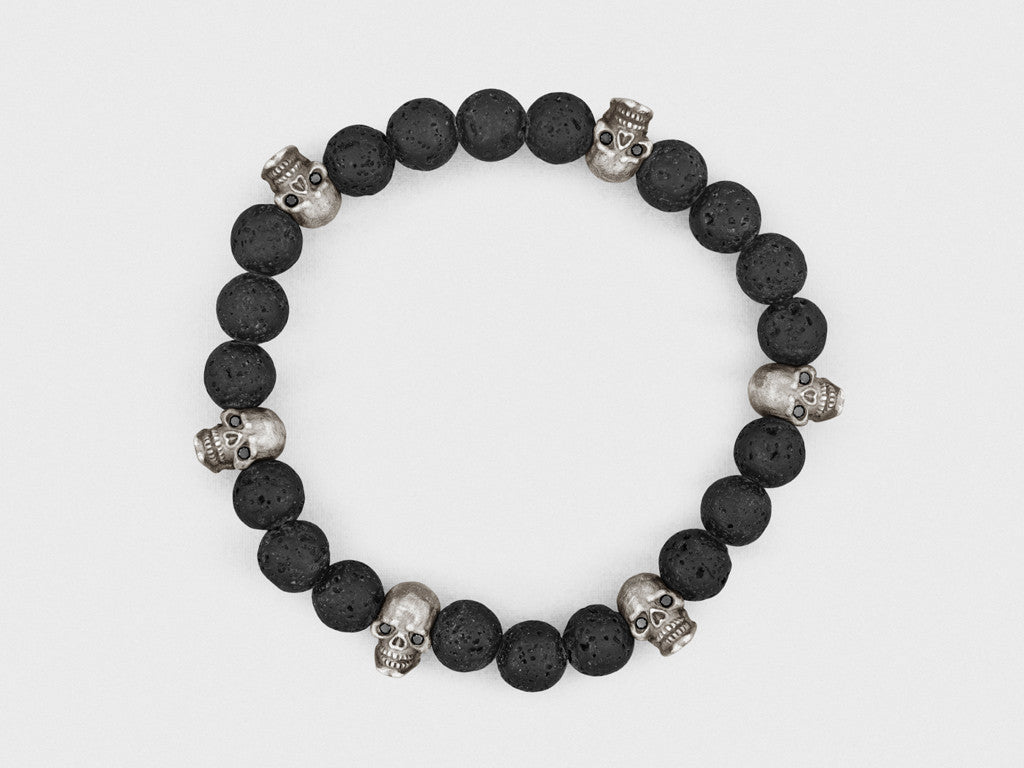 Sterling Silver Skulls, Black Diamonds, Lava Beads Bracelet