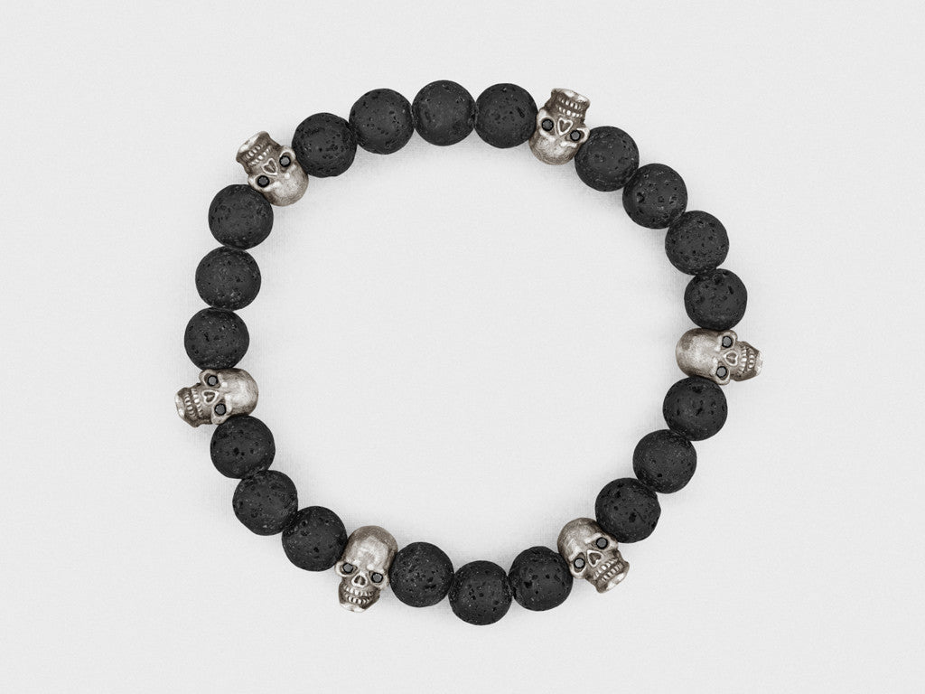 Sterling Silver Skulls, Black Diamonds, Lava Beads Bracelet