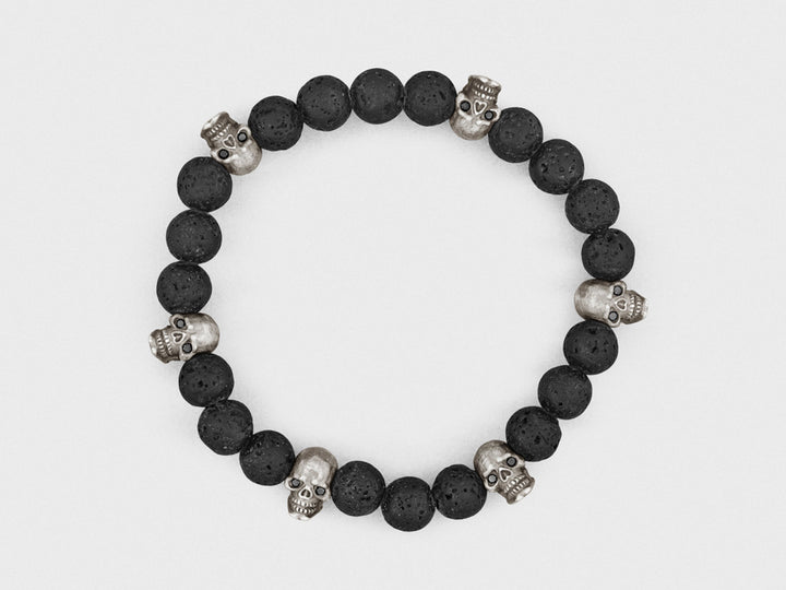 Sterling Silver Skulls, Black Diamonds, Lava Beads Bracelet