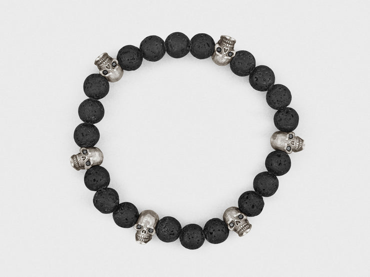 Sterling Silver Skulls, Black Diamonds, Lava Beads Bracelet