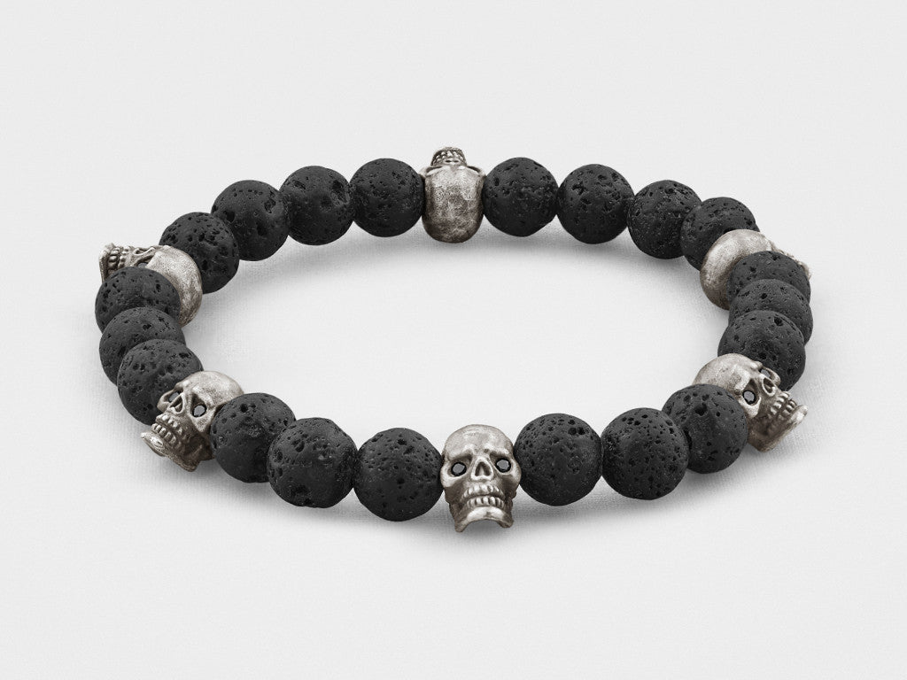 Sterling Silver Skulls, Black Diamonds, Lava Beads Bracelet