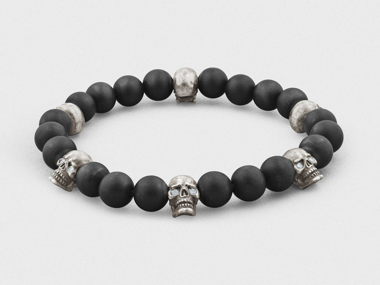 Sterling Silver Skulls, Diamonds, Onyx Beads Bracelet