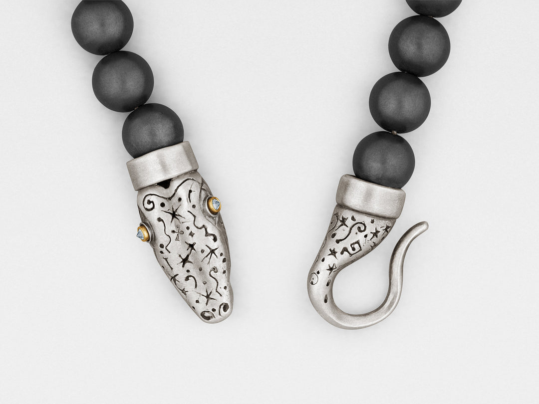 Snake Bracelet with Hematite Beads in Silver, 18K Gold and Diamonds