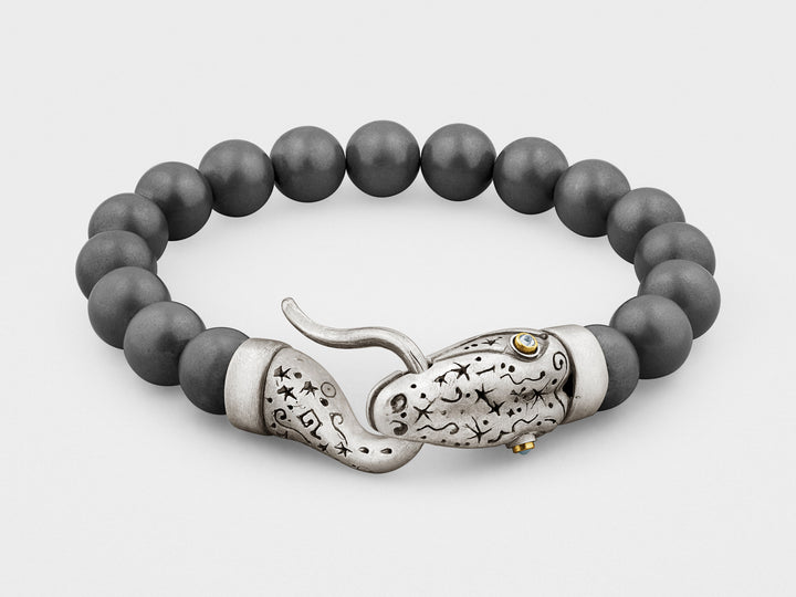 Snake Bracelet with Hematite Beads in Silver, 18K Gold and Diamonds