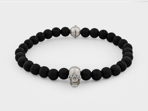 Skull Bracelet in Sterling Silver with Diamond Eyes and Black Onyx