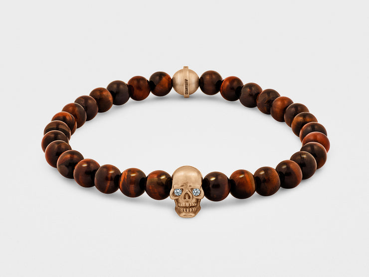 Skull Bracelet in 18KT Gold with Diamond Eyes and Red Tiger Eye