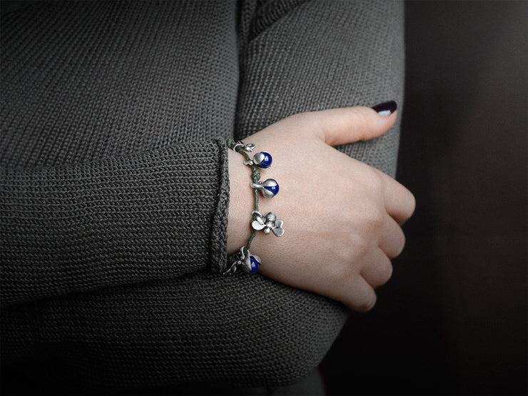 Silver Bracelet with Lapis Lazuli, Flower and Bee Charms