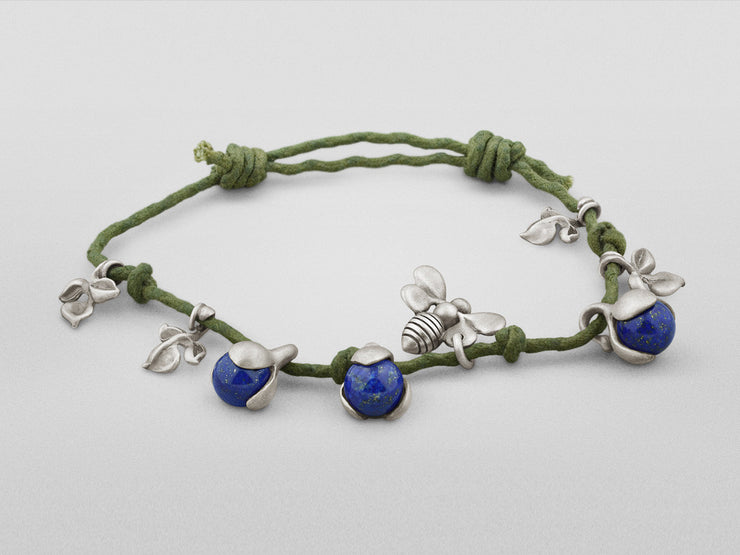 Silver Bracelet with Lapis Lazuli, Flower and Bee Charms